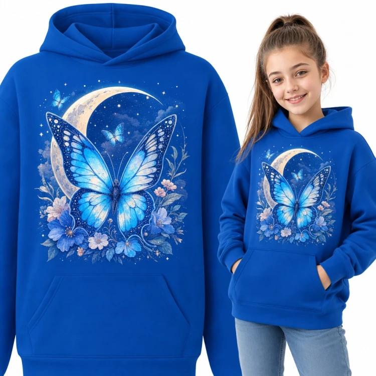 Bluza dziewczęca z kapturem - niebieski motyl na tle półksiężyca i kwiatów