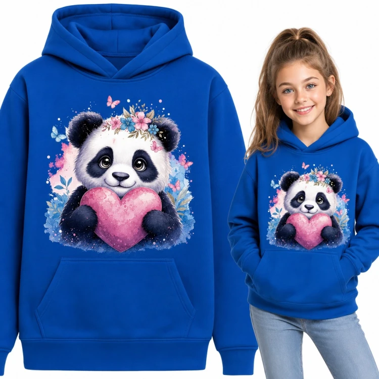 Bluza dziewczęca z kapturem - panda z różowym sercem w wianku z kwiatów