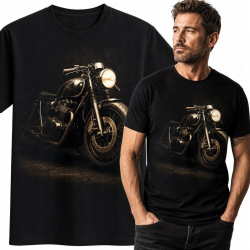 Koszulka męska z klasycznym motocyklem i rozświetlonym reflektorem - styl retro
