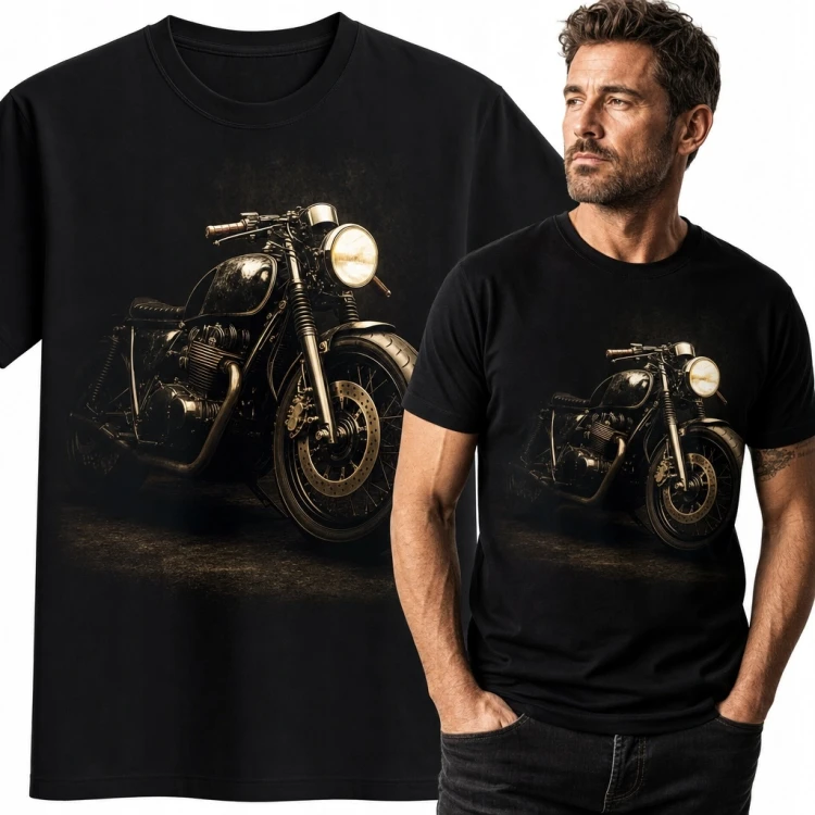 Koszulka męska z klasycznym motocyklem i rozświetlonym reflektorem - styl retro