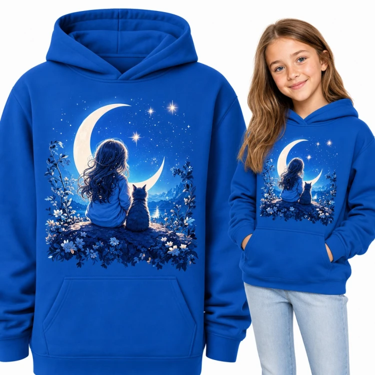 Bluza dziewczęca z kapturem - dziewczynka z kotem pod półksiężycem
