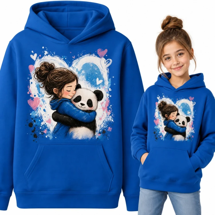 Bluza dziewczęca z kapturem - dziewczynka przytulająca pandę w sercu