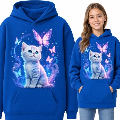 Bluza dziewczęca z kapturem - magiczny kotek wśród motyli i gwiazd
