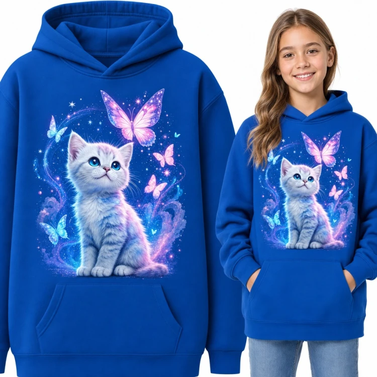 Bluza dziewczęca z kapturem - magiczny kotek wśród motyli i gwiazd