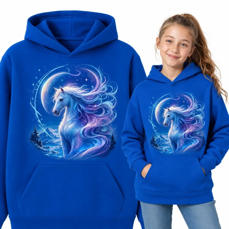 Bluza dziewczęca z kapturem - magiczny koń z falującą grzywą pod księżycem