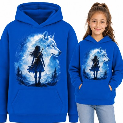 Bluza dziewczęca z kapturem - wojowniczka z mieczem i biały wilk fantasy