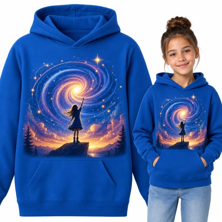 Bluza dziewczęca z kapturem - dziewczynka sięgająca do spiralnej galaktyki