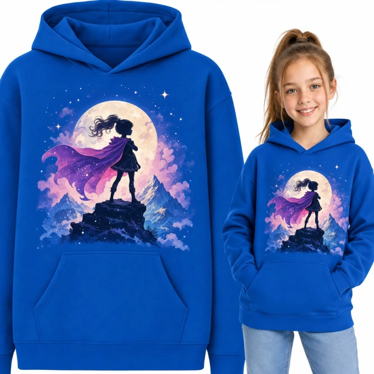 Bluza dziewczęca z kapturem - superbohaterka w pelerynie na tle księżyca