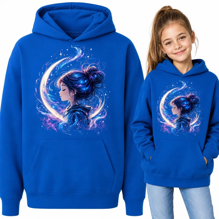 Bluza dziewczęca z kapturem - dziewczynka na tle półksiężyca i gwiazd