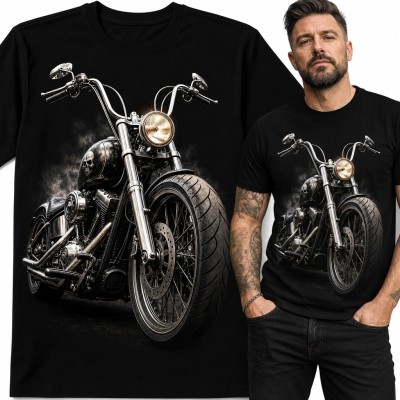 Koszulka męska z chopperem i czaszką - mroczny motyw motocyklowy