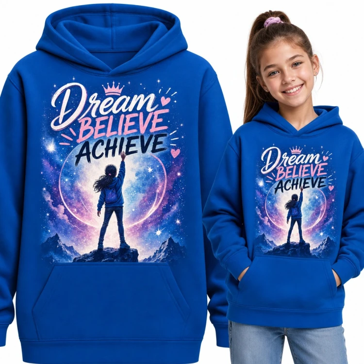 Bluza dziewczęca z kapturem - „Dream believe achieve” z dziewczynką na szczycie pod gwiazdami