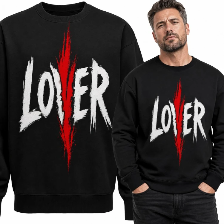 Bluza męska bez kaptura „Lover” - drapany rockowy napis z czerwoną rysą