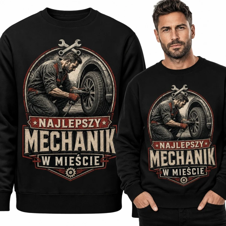 Bluza męska bez kaptura - „Najlepszy mechanik w mieście” z wymianą koła