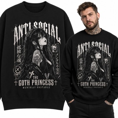 Bluza męska bez kaptura - „Anti Social The Goth Princess” anime gotycka dziewczyna z koroną cierni