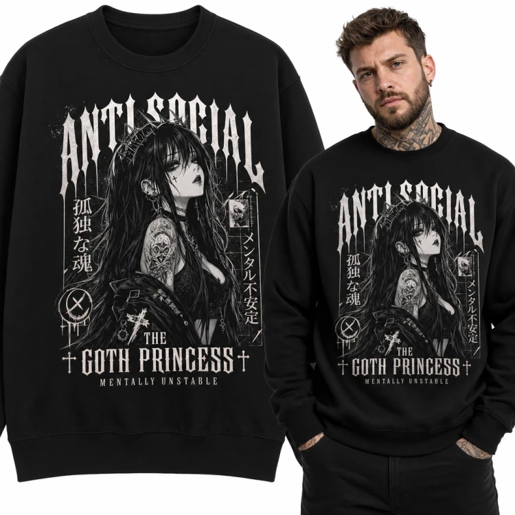 Bluza męska bez kaptura - „Anti Social The Goth Princess” anime gotycka dziewczyna z koroną cierni