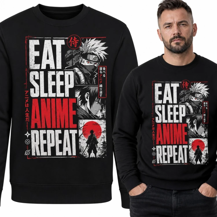 Bluza męska bez kaptura - „Eat Sleep Anime Repeat” z ninja i samurajem