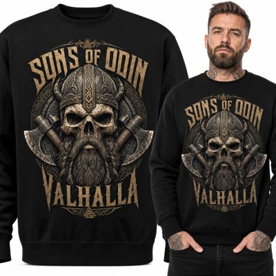 Bluza męska bez kaptura - czaszka wikinga z toporami „Sons of Odin Valhalla”