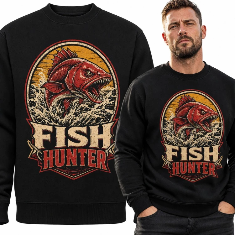 Bluza męska bez kaptura - „Fish Hunter” z drapieżną rybą dla wędkarza