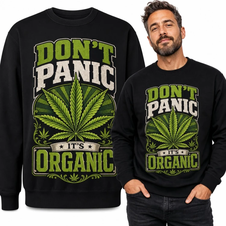 Bluza męska bez kaptura - „Don't panic it's organic” z liściem konopi