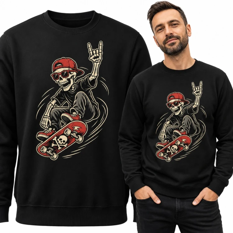 Bluza męska bez kaptura - szkielet skater na deskorolce z rockowym gestem