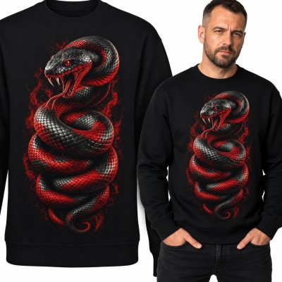 Bluza męska bez kaptura - czarno-czerwony wąż z obnażonymi kłami