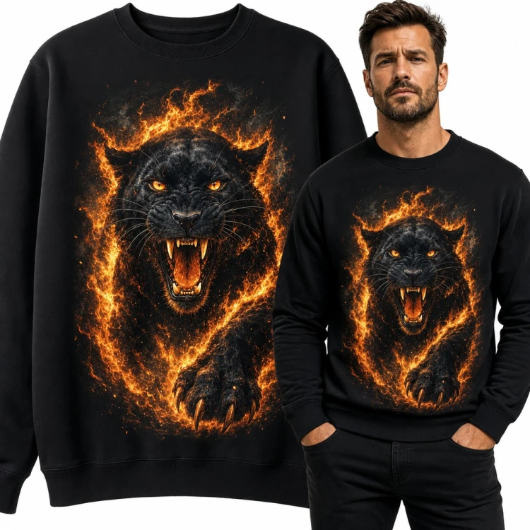 Bluza męska bez kaptura - rycząca czarna pantera w płomieniach