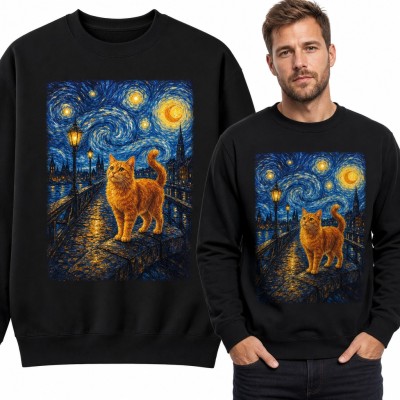 Bluza męska bez kaptura - rudy kot w stylu Gwiaździstej nocy Van Gogha