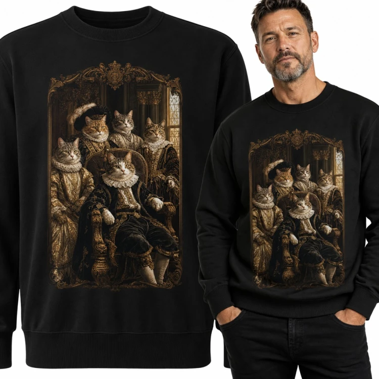 Bluza męska bez kaptura - renesansowy portret kociej rodziny w złotej ramie