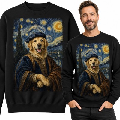 Bluza męska bez kaptura - golden retriever w berecie na tle Gwiaździstej nocy