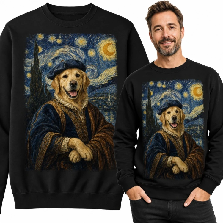 Bluza męska bez kaptura - golden retriever w berecie na tle Gwiaździstej nocy