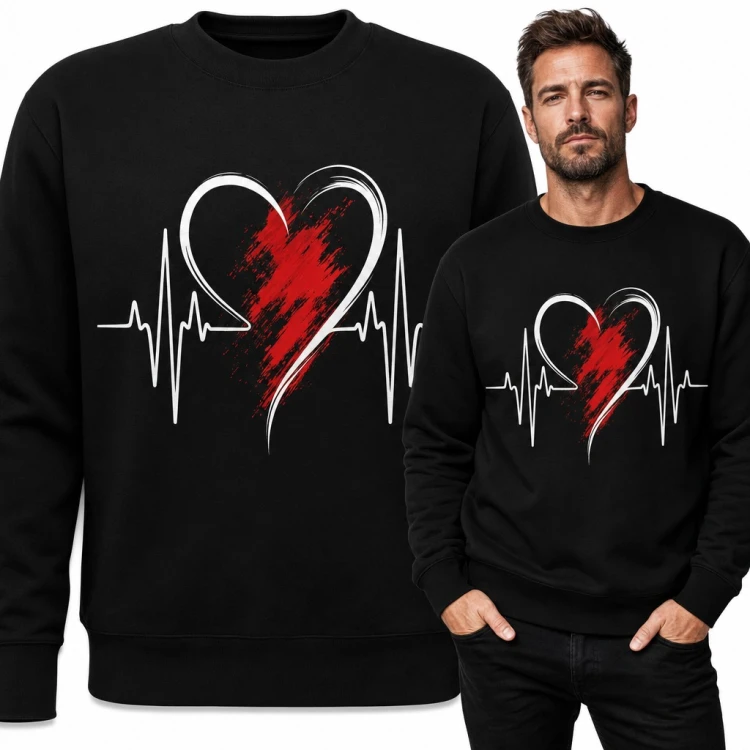 Bluza męska bez kaptura - białe serce z linią EKG i czerwoną plamą