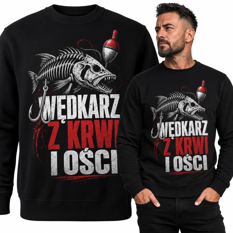 Bluza męska bez kaptura - „Wędkarz z krwi i ości” ze szkieletem ryby i spławikiem