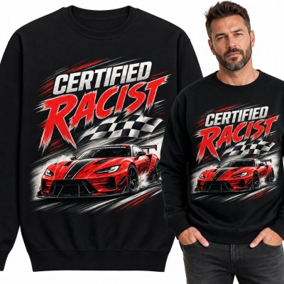 Bluza męska bez kaptura - „Certified Racist” czerwone auto wyścigowe z flagą mety