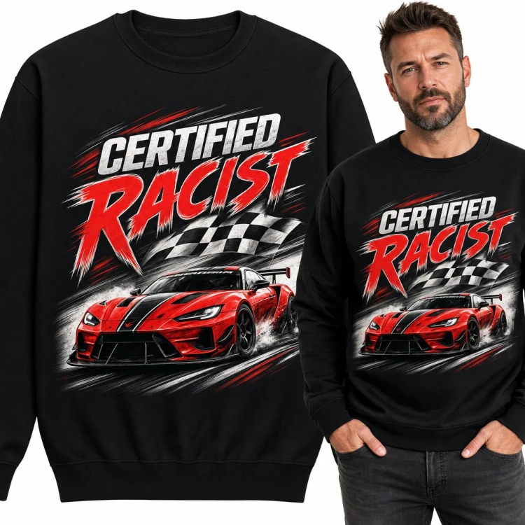 Bluza męska bez kaptura - „Certified Racist” czerwone auto wyścigowe z flagą mety