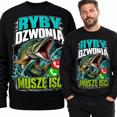 Bluza męska bez kaptura - „Ryby dzwonią, muszę iść” ze szczupakiem dla wędkarza