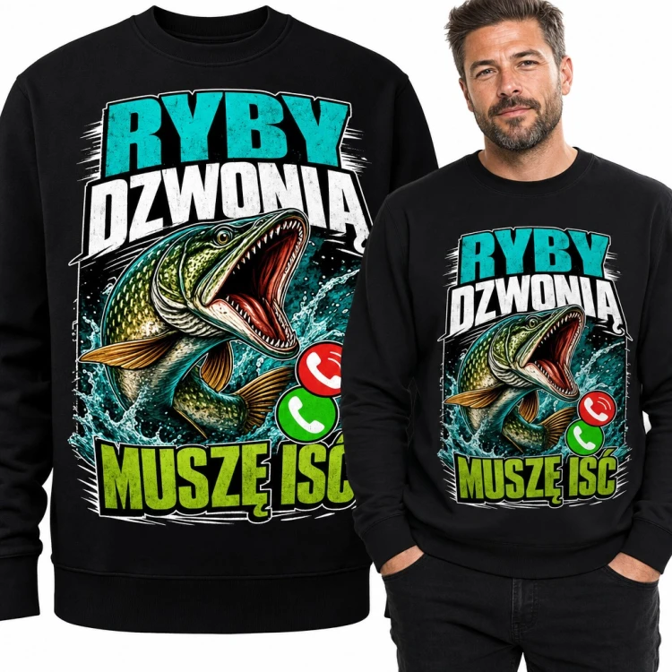 Bluza męska bez kaptura - „Ryby dzwonią, muszę iść” ze szczupakiem dla wędkarza