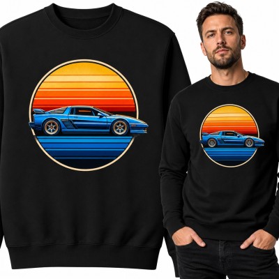 Bluza męska bez kaptura - niebieskie auto sportowe lat 80 na tle retro zachodu słońca