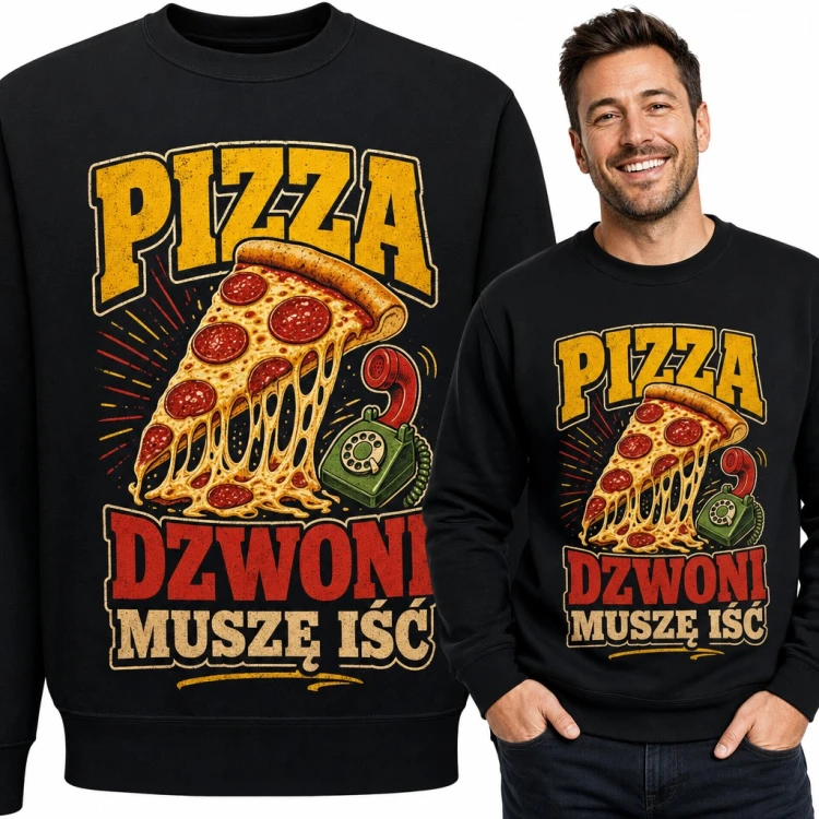 Bluza męska bez kaptura „Pizza dzwoni, muszę iść” - pepperoni i telefon retro