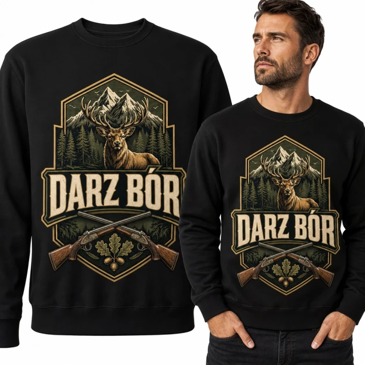 Bluza męska bez kaptura „Darz bór” - jeleń i skrzyżowane strzelby dla myśliwego