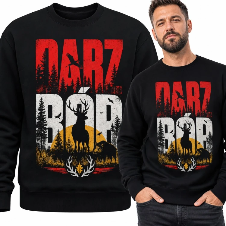Bluza męska bez kaptura - „Darz bór” z jeleniem i dzikiem dla myśliwego
