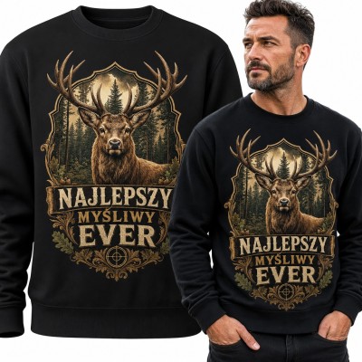 Bluza męska bez kaptura „Najlepszy myśliwy ever” - jeleń z porożem w leśnym herbie