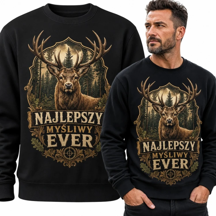 Bluza męska bez kaptura „Najlepszy myśliwy ever” - jeleń z porożem w leśnym herbie
