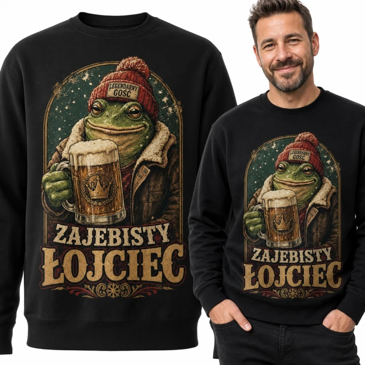 Bluza męska bez kaptura „Zajebisty łojciec” - żaba z kuflem piwa dla taty