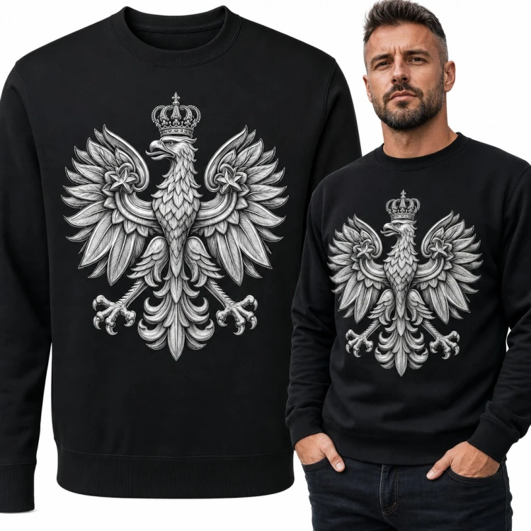 Bluza męska bez kaptura - orzeł biały w koronie w stylu grawerunku