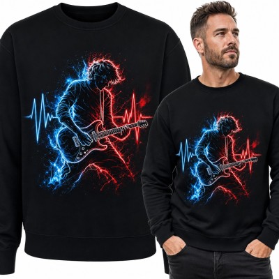 Bluza męska bez kaptura - neonowy gitarzysta z linią pulsu EKG