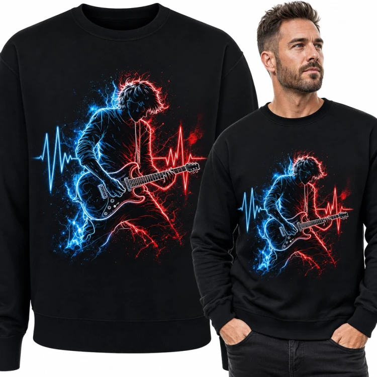 Bluza męska bez kaptura - neonowy gitarzysta z linią pulsu EKG