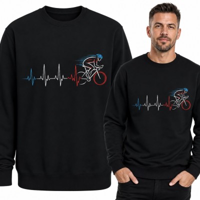 Bluza męska bez kaptura - kolarz na szosówce z linią pulsu EKG dla rowerzysty