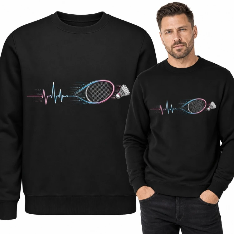 Bluza męska bez kaptura - badminton z linią pulsu, rakietą i lotką dla badmintonisty