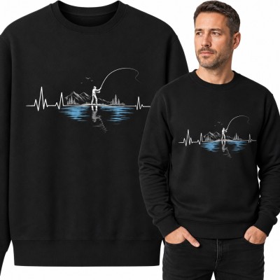 Bluza męska bez kaptura - wędkarz nad jeziorem w linii pulsu EKG