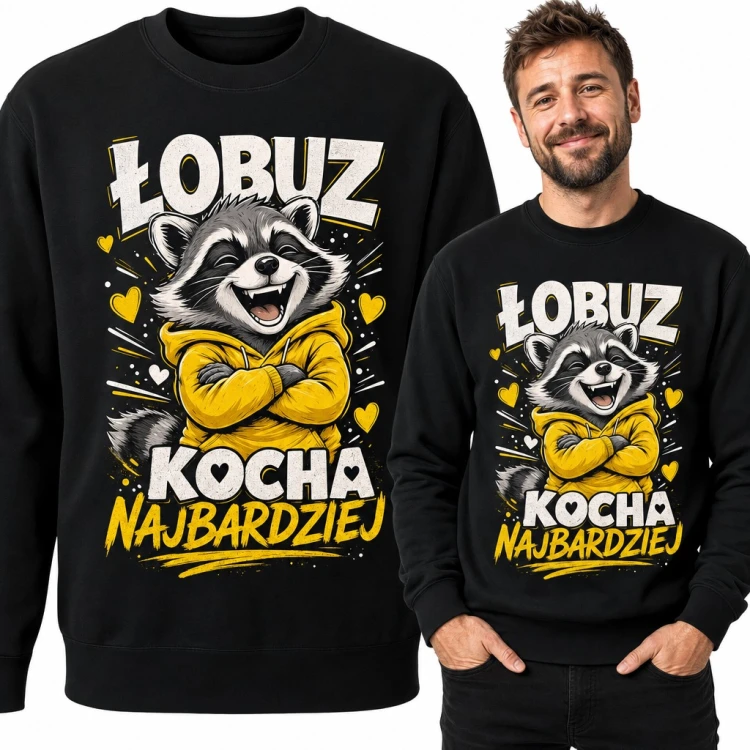 Bluza męska bez kaptura - „Łobuz kocha najbardziej” z roześmianym szopem praczem